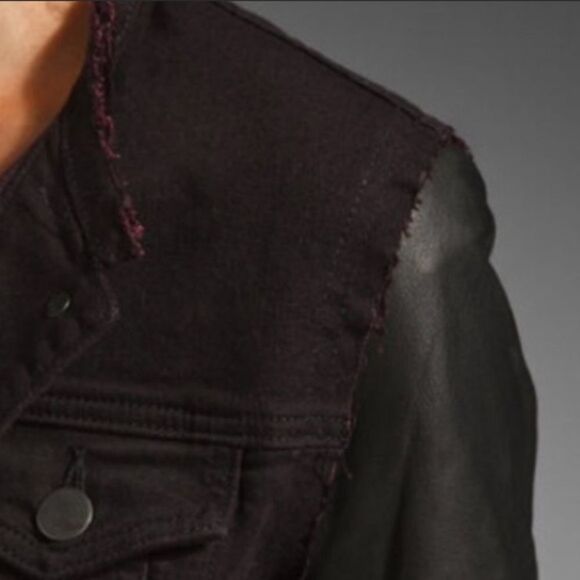 J Brand Blackened Leather Sleeve Denim Jacket in NOIR RED - Picture 3 of 7